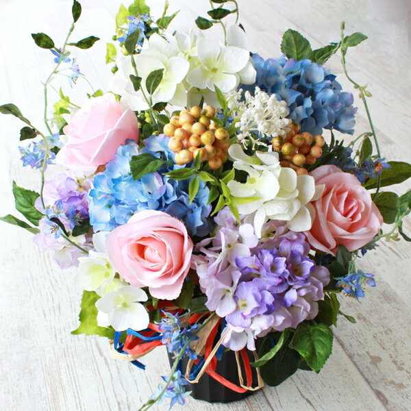 造花 あじさいとブルーの小花の涼しげなアレンジ あじさい アジサイ 造花 シルクフラワー CT触媒 光触媒 フラワーアレンジ インテリア フラワーアレンジメント arg