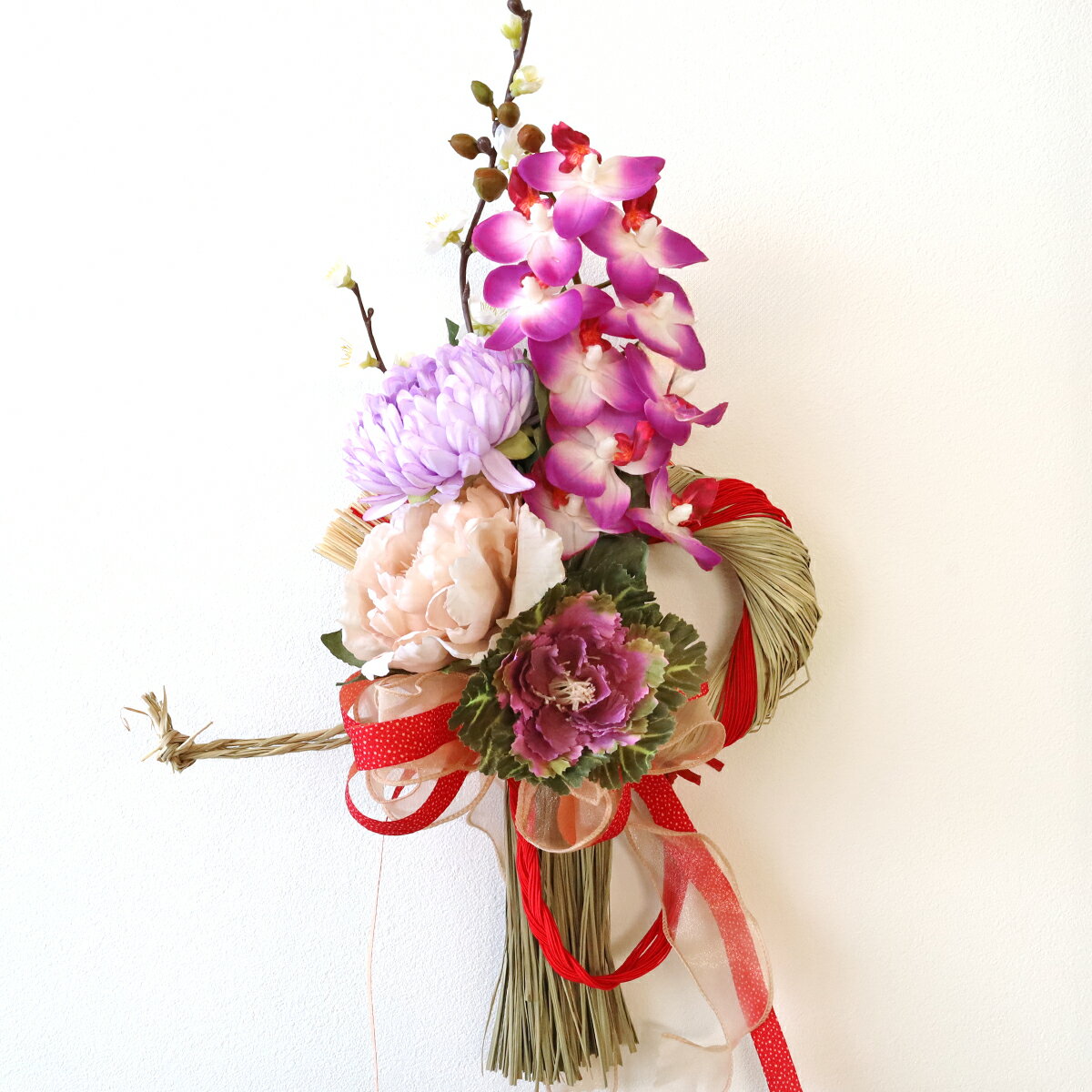 造花 らんと菊の和洋合わせたしめ縄飾り お正月 シルクフラワー ラン 玄関飾り 正月飾り CT触媒 光触媒 フラワーアレンジ インテリア フラワーアレンジメント arg