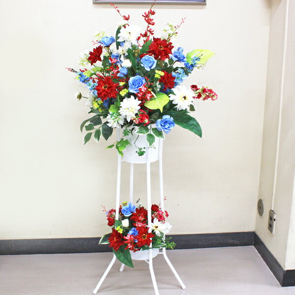 造花 ダリアやオーキッドにブルーのローズがポイントのスタンドアレンジ シルクフラワー CT触媒 光触媒 ym2 バラ 薔薇 青 蘭 sta