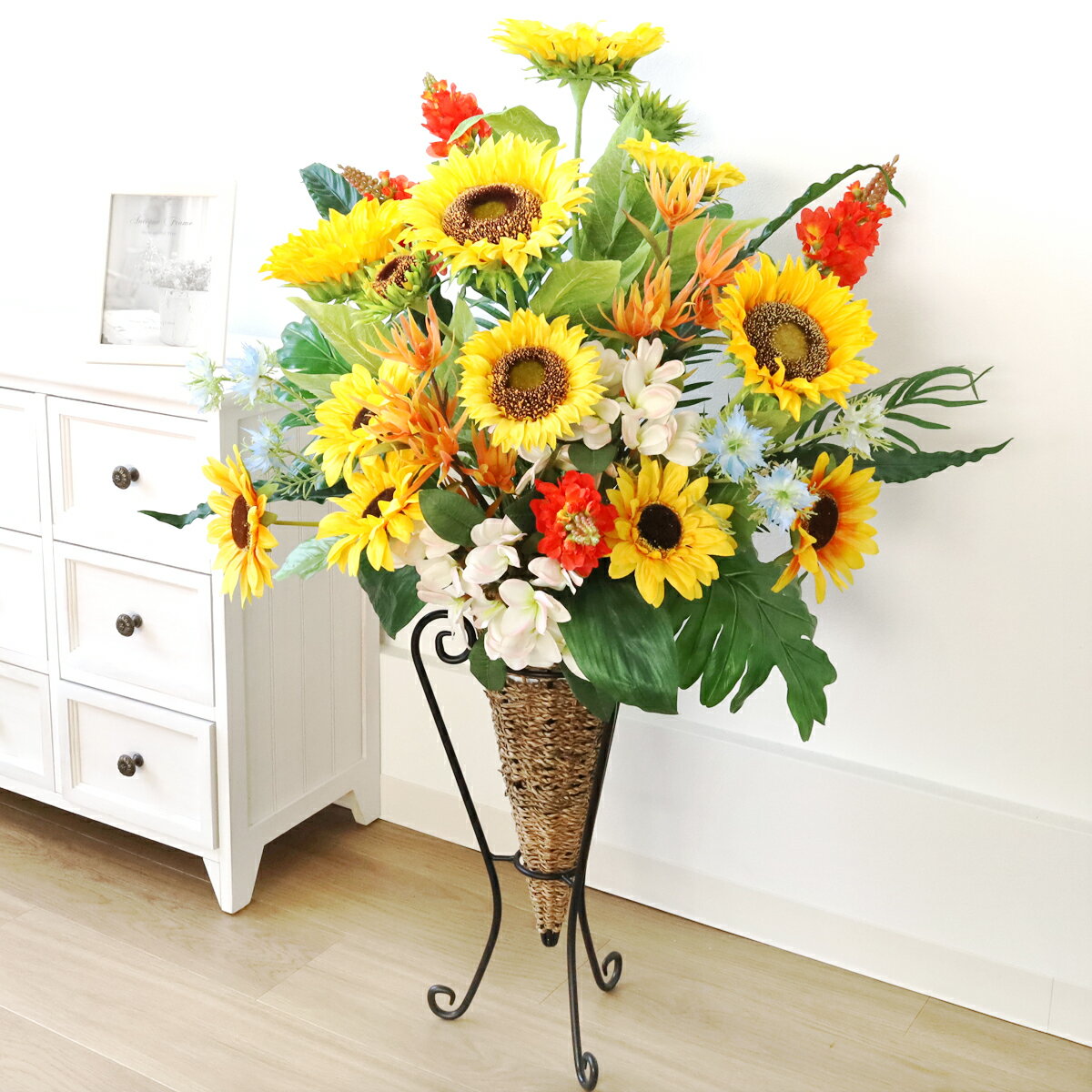 Sunflower - 造花 インテリア 観葉植物 ジャンボひまわりのワイヤースタンドアレンジ シルクフラワー CT触媒 光触媒 ヒマワリ 向日葵 snb sta