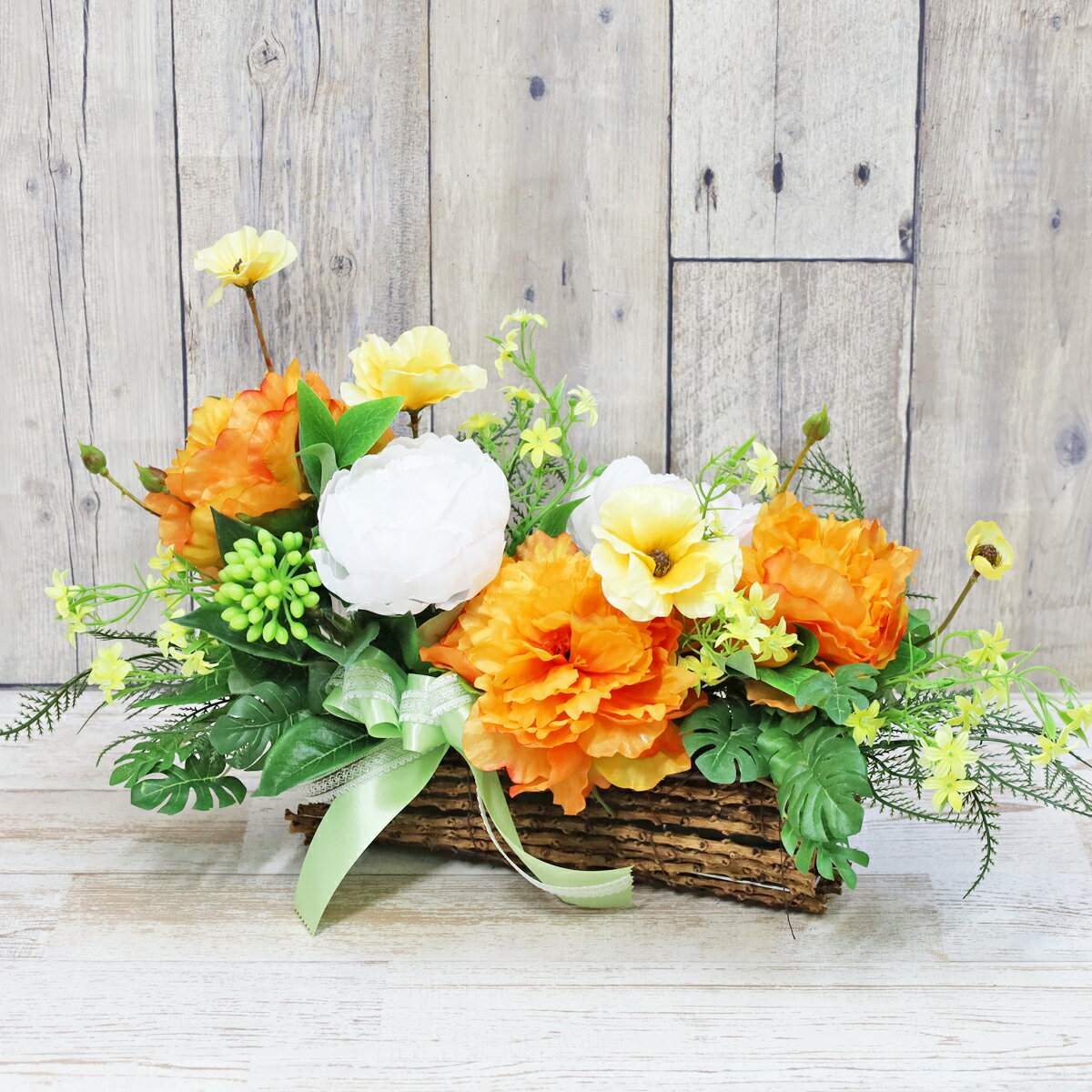 造花 ピオニーとラナンキュラスの横長アレンジ シルクフラワー ぼたん ボタン 牡丹 CT触媒 光触媒 フラワーアレンジメント インテリア arg