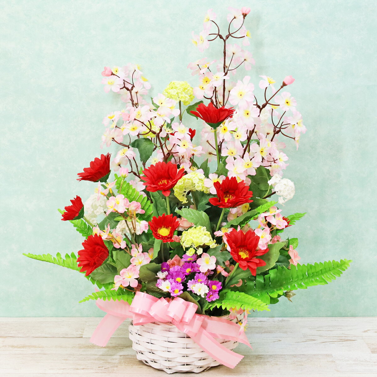 造花 桜とガーベラの春満開な大きなアレンジ シルクフラワー 春のアレンジ 桜 さくら サクラ CT触媒 光触媒 フラワーアレンジメント インテリア arg