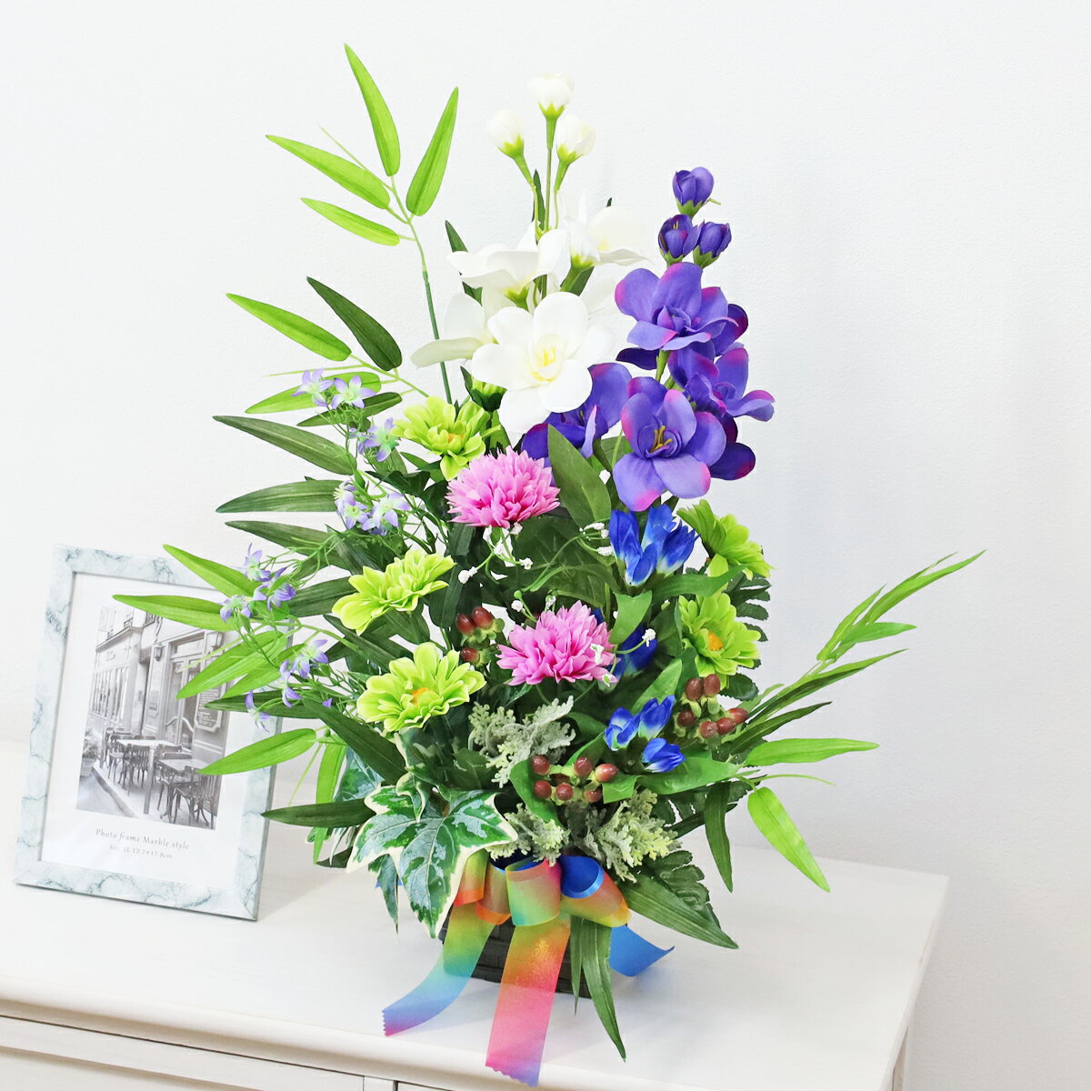 造花 笹とデルフィニウムの竹カゴアレンジ 七夕 観葉植物 フェイクグリーン インテリアグリーン インテリア シルクフラワー CT触媒 光触媒 フラワーアレンジ フラワーアレンジメント arg