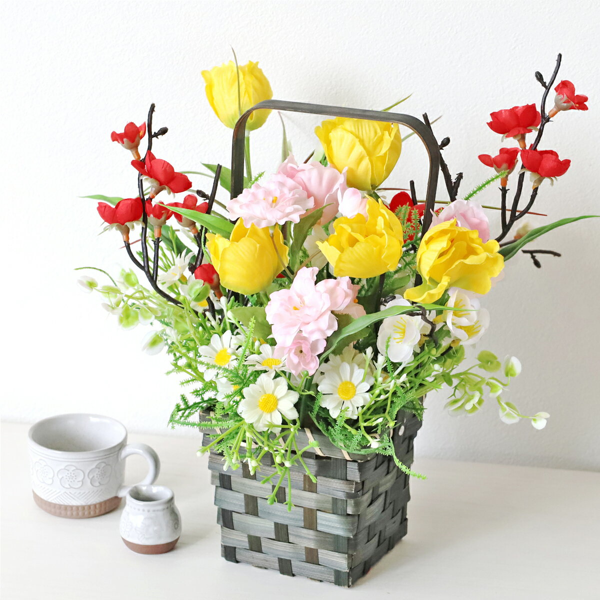 造花 アウトレット チューリップと梅の和風なかごアレンジ シルクフラワー CT触媒 光触媒 フラワーアレンジ インテリア フラワーアレンジメント arg