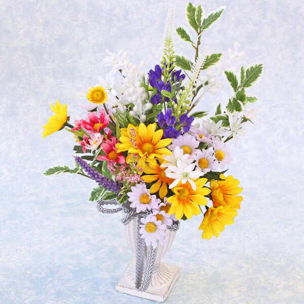 造花 仏花 ホワイトのミモザとデージーのアレンジ CT触媒 光触媒 シルクフラワー お彼岸 お盆 お仏壇 仏花 お墓 花 お供え お悔やみ bar