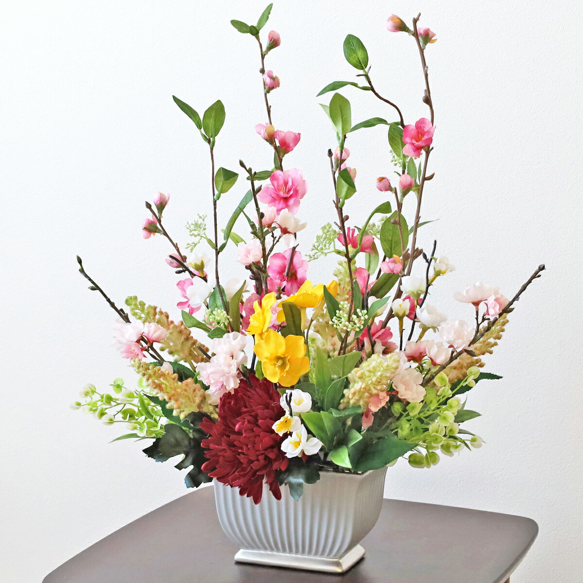 造花 八重桜や桃の豪華な春色アレンジ シルクフラワー 梅春物 CT触媒 光触媒 さくら モモ 桃 フラワーアレンジ インテリア フラワーアレンジメント arg