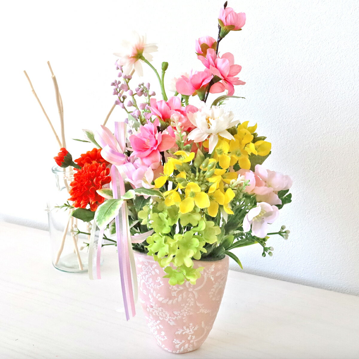 造花 桃と菜の花のアレンジ シルクフラワー モモ もも CT触媒 光触媒 桃の節句 ひな祭り ひなまつり フラワーアレンジメント インテリア arg