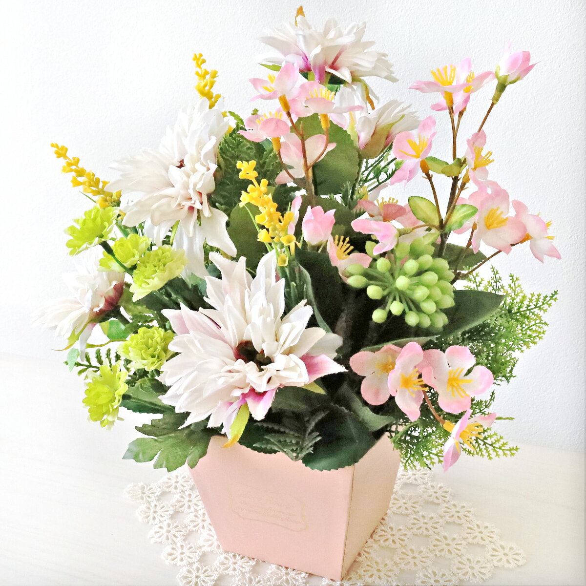 造花 ダリアと桜のアレンジ シルクフラワー さくら サクラ CT触媒 光触媒 フラワーアレンジメント インテリア arg