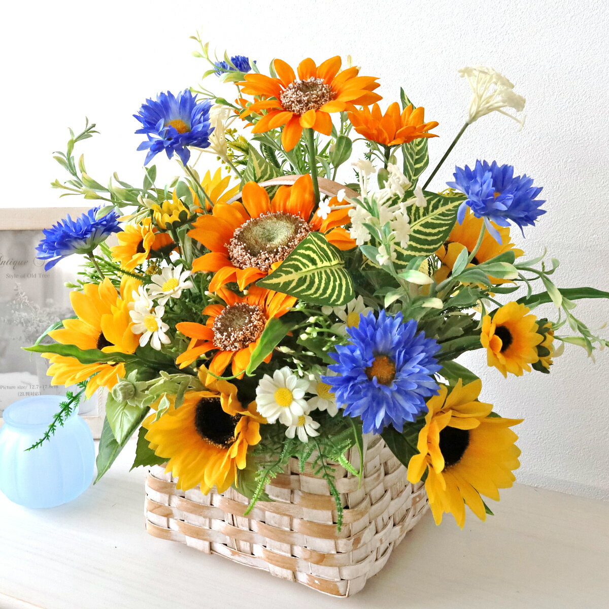 造花 ひまわりとガーベラやデージーの 手付かごアレンジ ひまわり 向日葵 夏のアレンジ 父の日 CT触媒 光触媒 シルクフラワー フラワーアレンジ インテリア フラワーアレンジメント arg