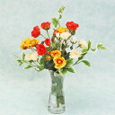 造花 ローズとグリーンの華やかなマジカルウォーターのアレンジ シルクフラワー ばら バラ 薔薇 オレンジ イエロー ホワイト CT触媒 光触媒 透明 スケルトン...