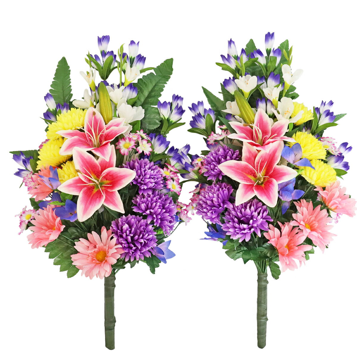 お墓 造花 仏花 2色のマムとユリの仏様の大きな花束 一対 造花 シルクフラワー ゆり リリー お彼岸 お盆 お仏壇 お墓 花 お供え 法事 法要 山久 CT触媒 お墓用 仏壇用 光触媒 btb