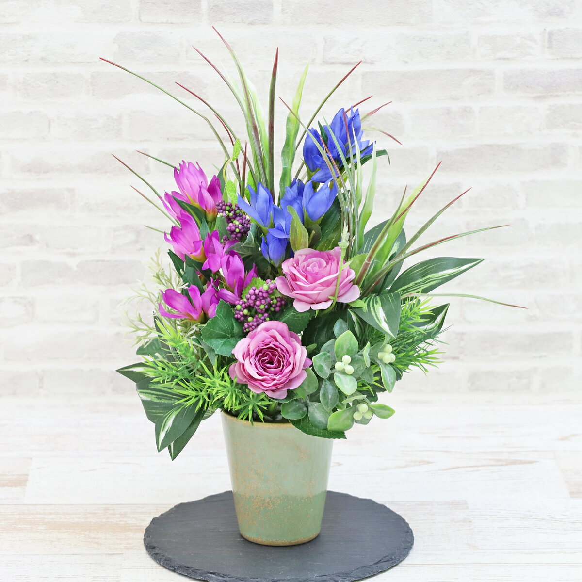 造花 りんどうと秋バラのアレンジ 秋のアレンジ シルクフラワー リンドウ 薔薇 CT触媒 光触媒 フラワーアレンジ インテリア フラワーアレンジメント arg
