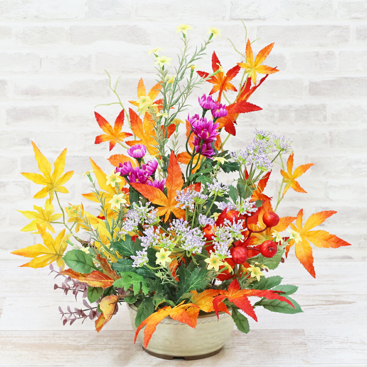 造花 もみじと野菊やベリーの和風アレンジ 秋のアレンジ シルクフラワー モミジ 紅葉 CT触媒 光触媒 フ..