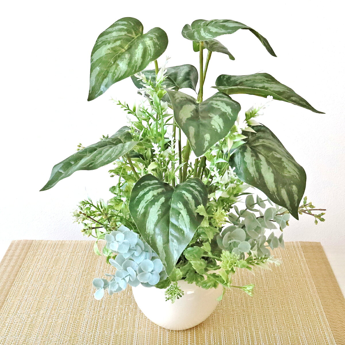 造花 観葉植物 フェイク アロカシアとラベンダーのさわやかな鉢植え 35cm フェイクグリーン リアル インテリア 光触媒 CT触媒 シルクフラワー mgr