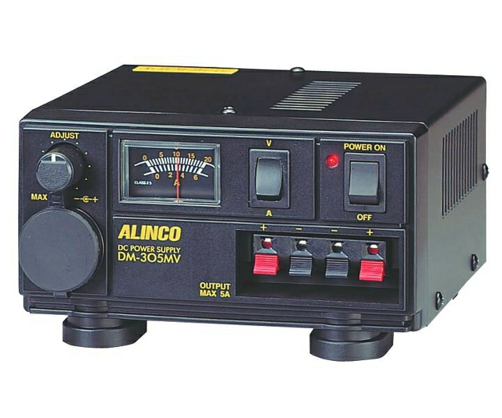 アルインコ(ALINCO) DM-305MV Max 5A 無線機器用安定化電源器 ■安定化電源器(AC100V-DC12V) ハンディトランシーバーや受信機にジャストマッチ。 5Wクラスの無線機、ハンディレシーバーやDX−R8受信機に最適、リニア式（トランス式）の小型電源です。 DM-305MV JANコード 4969182310092 入力電圧 AC100V 出力電圧 DC6〜15V(可変) 間欠最大出力（13.8V時） 5A 連続最大出力（13.8V時） 4A 保護回路 フの字特性自動電流制限式 保護回路動作点 5A以上 使用ヒューズ 4A 出力系統 ネジ式ターミナル：&minus;/シガーライターソケット：1系統(5A)/ワンタッチプッシュターミナル：2系統(5A)/背面端子：&minus; メーター A/V切換式 ファン &nbsp; 外形寸法(突起物除く) W&times;H&times;D 151&times;83&times;148mm 重 量　（約） 2.2kg 接続機器の例 無線機 : 出力10Wまでパワーブースター : 出力20Wまで 【ご注意】 無線機器用の電源です。電気分解のような化学実験用途、コンプレッサやモーターを使う機器、突入電流が大きな特殊電球の点灯、バッテリーの充電にはお使いになれません。保護回路が働く前に故障することがあります。製品保証以外の責は負いかねますので、商・工業、学術用途でのご使用は自己責任とさせていただきます。 ※当該商品は自社販売と在庫を共有しているため、在庫更新のタイミングにより、在庫切れの場合がございます。期日配達御希望の方、複数個数ご注文の方、及びお急ぎの方は、在庫確認をお願致します。s47-op 発送日について 通常1〜3営業日以内までに発送いたします。 発送の注意点 ※当店では実店舗と在庫を共有し、販売しております。当店と実店舗の在庫データは同期しておらず、手動による修正となりますため、 在庫データの更新につきまして、鋭意努めておりますが、 それでもご注文くださいました時点で在庫切れが発生している場合もございます。期日配達御希望の方、複数個数ご注文の方、及びお急ぎの方は、在庫確認をお願致します。 ・当店在庫切れの場合、発送予定日は3営業日以内にメールにてお知らせいたします。※メーカー長期欠品中又は納期未定の場合もございます。予めご了承ください。 ※年末年始、GW、お盆等大型連休をまたぐ商品欠品の場合はメーカー休業の為納期が大幅に遅れますのでご了承ください※交通機関の不具合や悪天候などその他の不可抗力が生じた場合には、 商品の到着時間帯および到着日が前後することがありますのでご了承願います。