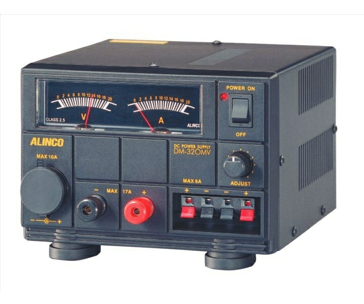 アルインコ(ALINCO) DM-320MV Max 17A 無線機器用安定化電源器 ■安定化電源器(AC100V-DC12V) 50W機に最適、ノイズが出にくいリニア式です。 リニア（トランス）式、ツインメーター採用。シガープラグとスナップ端子も便利です。 DM-320MV JANコード 4969182310078 入力電圧 AC100V 出力電圧 DC1〜15V(可変)(センタークリック13.8V) 間欠最大出力（13.8V時） 17A 連続最大出力（13.8V時） 14A 保護回路 フの字特性自動電流制限式 保護回路動作点 17A以上 使用ヒューズ 5A 出力系統 ネジ式ターミナル：1系統(17A)/シガーライターソケット：1系統(10A)/ワンタッチプッシュターミナル：2系統(6A)/背面端子：- メーター A/V独立2連式 ファン - 外形寸法(突起物除く) W&times;H&times;D 171&times;125&times;215mm 重 量　（約） 6.3kg 接続機器の例 無線機 : 出力50Wまでパワーブースター : 出力50Wまで 【ご注意】 無線機器用の電源です。電気分解のような化学実験用途、コンプレッサやモーターを使う機器、突入電流が大きな特殊電球の点灯、バッテリーの充電にはお使いになれません。保護回路が働く前に故障することがあります。製品保証以外の責は負いかねますので、商・工業、学術用途でのご使用は自己責任とさせていただきます。 ※当該商品は自社販売と在庫を共有しているため、在庫更新のタイミングにより、在庫切れの場合がございます。期日配達御希望の方、複数個数ご注文の方、及びお急ぎの方は、在庫確認をお願致します。発送日について 通常1〜3営業日以内までに発送いたします。 発送の注意点 ※当店では実店舗と在庫を共有し、販売しております。当店と実店舗の在庫データは同期しておらず、手動による修正となりますため、 在庫データの更新につきまして、鋭意努めておりますが、 それでもご注文くださいました時点で在庫切れが発生している場合もございます。期日配達御希望の方、複数個数ご注文の方、及びお急ぎの方は、在庫確認をお願致します。 ・当店在庫切れの場合、発送予定日は3営業日以内にメールにてお知らせいたします。※メーカー長期欠品中又は納期未定の場合もございます。予めご了承ください。 ※年末年始、GW、お盆等大型連休をまたぐ商品欠品の場合はメーカー休業の為納期が大幅に遅れますのでご了承ください※交通機関の不具合や悪天候などその他の不可抗力が生じた場合には、 商品の到着時間帯および到着日が前後することがありますのでご了承願います。