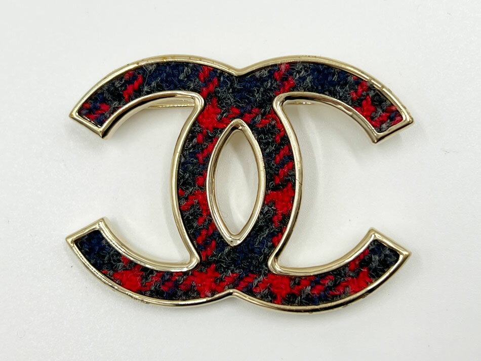 CHANEL シャネル ブローチ ツイード CCマーク レッド ブルー シャンパンゴールド金具 B22K【中古】(4)