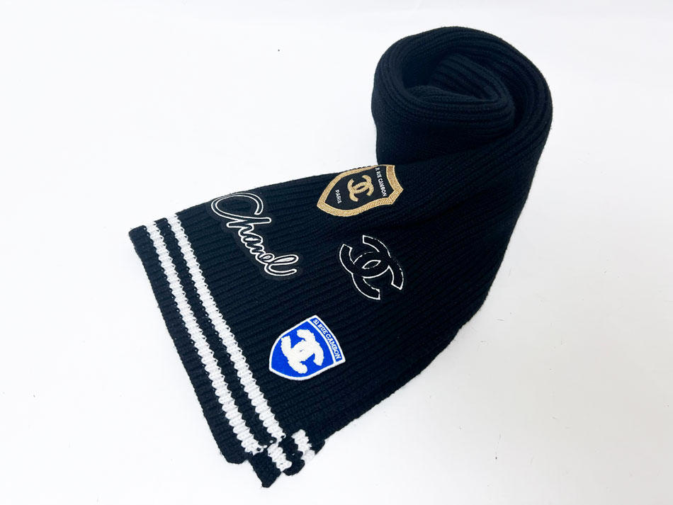 CHANEL シャネル マフラー ブラック カシミア ワッペン 2024 2025秋冬 AAA409【中古】
