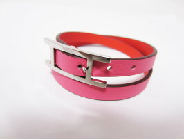 HERMESエルメスブレスレットレザー2連ピンクレッドレザービーアピシルバー金具S064647CKATS未使用品【中古】