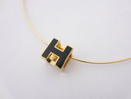 HERMESエルメスカージュドアッシュHキューブネックレスゴールドブラック超美品【中古】