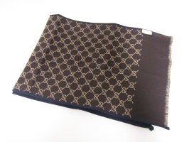 GUCCIグッチマフラーウールシルクネイビーこげ茶GG35cm×180cm未使用品新品同様【中古】