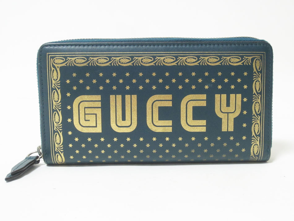 GUCCI グッチ ファスナー長財布 ラウンドファスナー カーフ グリーン ゴールド 524338 美品 【中古】