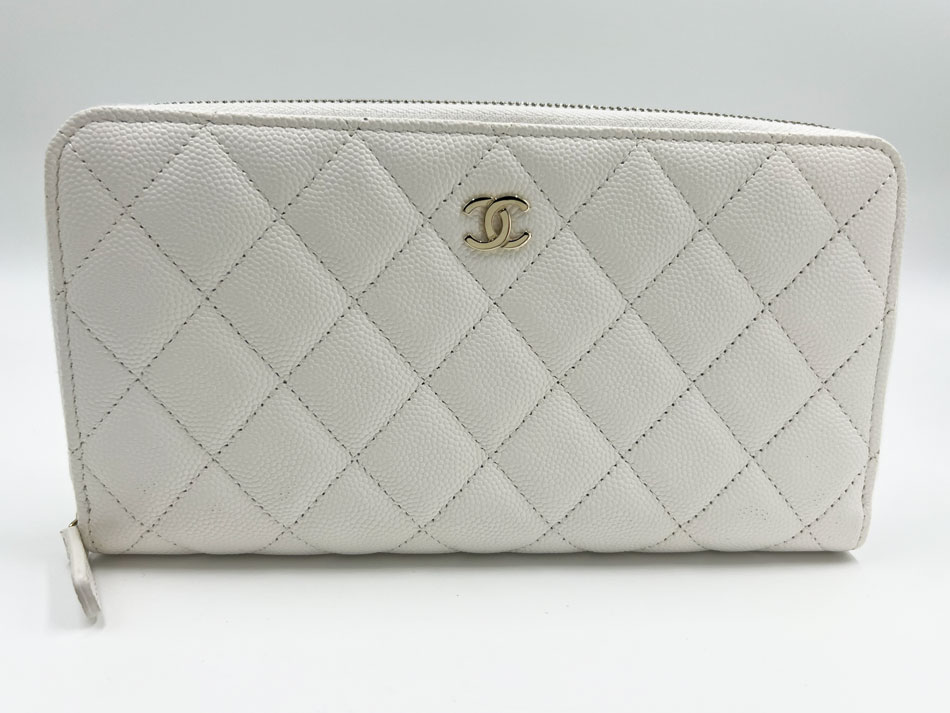 CHANEL シャネル キャビアスキン マトラッセ ラウンドファスナー財布 長財布 ホワイト シルバー金具 31番台 美品【中古】