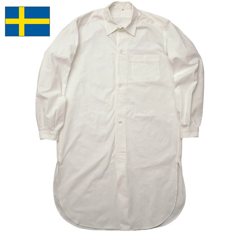 スウェーデン軍 グランパシャツ 4ボタン デッドストック JS175NN ホワイト 長袖 スリーピングシャツ 白 ロング丈 メディカルプルオーバー メンズ 裾長 ロングスリーブ パジャマシャツ ラウンドボトム カジュアルシャツ