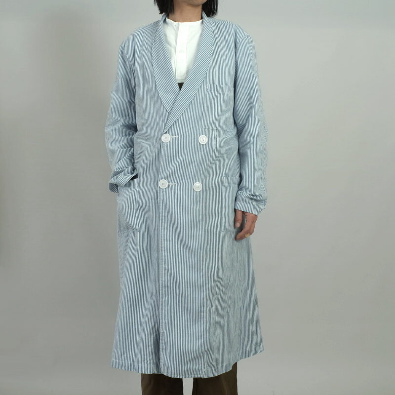 米軍 シアサッカー ローブコート ストライプ ボタンタイプ USED JC144UN 実物ミリタリー 軍物 軍モノ Seersucker しじら織り メディカル ガウン バスローブ ルームウェア パジャマ ワンピース ロングコート 夏 縞模様 サックスブルー ホワイト