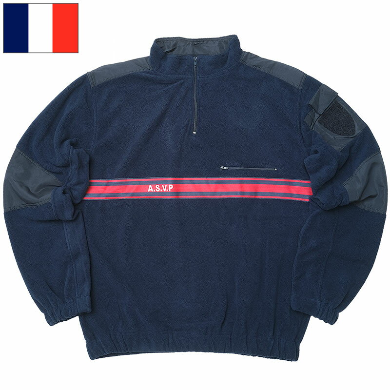 フランス ASVP プルオーバー フリースジャケット ネイビー レッドライン デッドストック JJ322NN ハーフジップ アウター 防寒 保温 ブルー police ポリス ワイド 大きいサイズ メンズ 男性