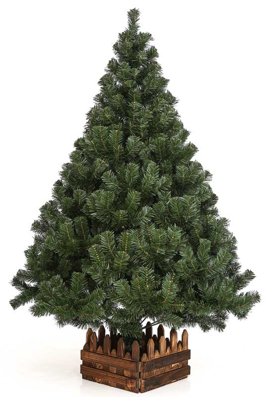クリスマスツリー●　高さ約150cm●　幅広デラックス●　ダークグリーンカラー●　土台の足と枝の付け根は鉄製でとても丈夫です。●　枝の葉は太めでボリューム満点●　色は他には類を見ない濃い緑色でどんな飾りでも引きたてます。●　葉数も沢山付いていますので超豪華です。●　横幅実寸：約100cm。●　枝や葉っぱは1本ずつ糸巻きしてます。●　幹とのジョイントは市販のボルトナットで1本ずつ固定していますので、しっかりしています。（お渡し時は固定完了済です）●　このツリーは、修理可能で保証書が付いています。●　本体は、2部分に分割されます。●　収納箱のサイズ：約105x28x28cm●　限定木枠サービス実施中●　木枠は最後に脚を囲む様に飾ります。（木枠の上部は、平らに削っています。）●　ツリーの設置場所を移動する際には、必ず、ツリーを分解した後で移動し、立て直して下さい。●　ツリー上部の幹を持っての移動や、完成したままの状態での移動は、絶対におやめ下さいませ。 ●　完成したツリーを倒したりした場合は、保証の範囲外になります。●　保証期間2年間に延長しました。何度でもOK！（返送料はお客様負担になります）●　本年度から葉の巻き付根を、0．2mm太くし（見た目は分からない程度)葉落ちを従来の30％カット　葉を枝に束ねる糸は手巻です。◆山本の　「品質保証高級クリスマスツリー」　と　「一般販売クリスマスツリー」　の違い 山本オリジナルクリスマスツリー 一般販売クリスマスツリー ●　葉数が多く、好きな所にボールを飾れる。 ●　葉数が少く、中心幹棒が見える。 ●　土台の脚が鉄製なので、割れる事がない。 ●　土台の脚がプラ製の為、割れる。 ●　枝の先にキャップが無く安全。 ●　キャップが外れると危険。 ●　葉っぱと枝が糸で巻かれて補強されている為、他社製品より葉落ちが少ない。 ●　葉っぱと枝が糸で巻かれていない為、葉落ちが多い。 ●　枝の付根をボルトで手締めしているので、 分解取外しが可能で、修理が出来ます。 ●　分解取外しが出来なく、折れても修理不可能。 ●　葉の色が濃い緑で飾りが映える。 ●　葉の色が黄緑で飾りがぼける。 ●　足元まで枝が出ている。 ●　足元に枝が出ていない。 ●　脚を隠す木枠サービス（除外品もあります） ●　脚元が見えてしまう。 ●　クリスマスツリー保証書（修理可能な自信） ●　保証書が付いていない（修理不可） ◆山本の「品質保証高級クリスマスツリー」は、安全性が高く、丈夫長持で、濃緑色で、枝も豊富です。 ＜注意事項＞ ツリーの設置場所を移動する際には、必ず、ツリーを分解した後で移動し、立て直して下さい。 ツリー上部の幹を持っての移動や、完成したままの状態での移動は、絶対におやめ下さいませ。 完成したツリーを倒したりした場合は、保証の範囲外になります。 ツリーは、手巻き仕事と葉数が多い為、まれに葉っぱを巻き忘れる場合が有りますが、製品には影響ございません。 木枠は素人手作りの為、天然素材そのままの仕上げです。手仕事の為不備が有ればお客様の方で手直しお願い致します。 —クリスマスツリー限定木枠サービス実施中（木枠の上部は、平らに削っています。）クリスマスツリー-山本人形オリジナル　クリスマスツリー濃い緑　木枠サービス中-山本人形オリジナル内部構造サンプル> ●　保証期間2年間に延長しました。何度でもOK！（返送料はお客様負担になります）●　本年度から葉の巻き付根を、0．2mm太くし（見た目は分からない程度)葉落ちを従来の30％カット　葉を枝に束ねる糸は手巻です。 山本BRリジナル仕様説明