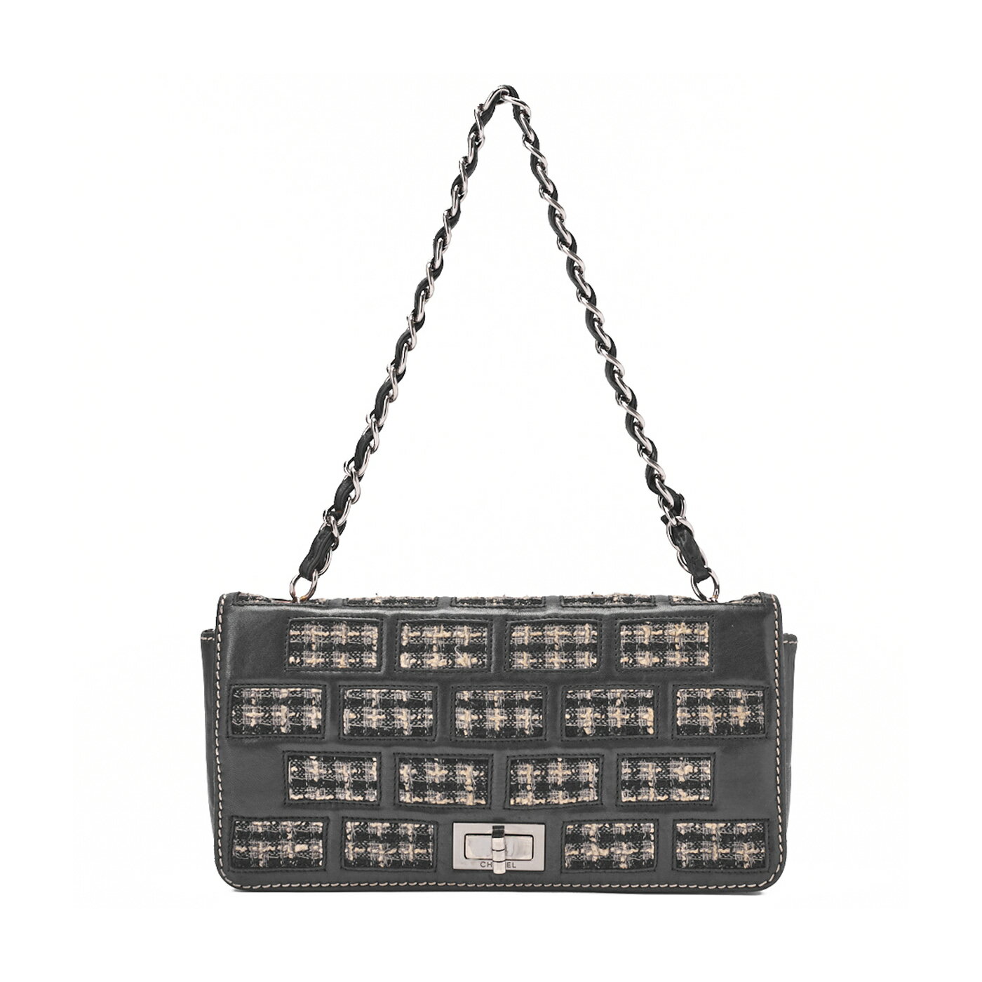 CHANEL シャネル チョコバー 2.55 ターンロック チェーンショルダー ラムスキン×ツイード 黒（シルバー金具） レディース バッグ ショルダーバッグ レディース 【中古】【送料無料】