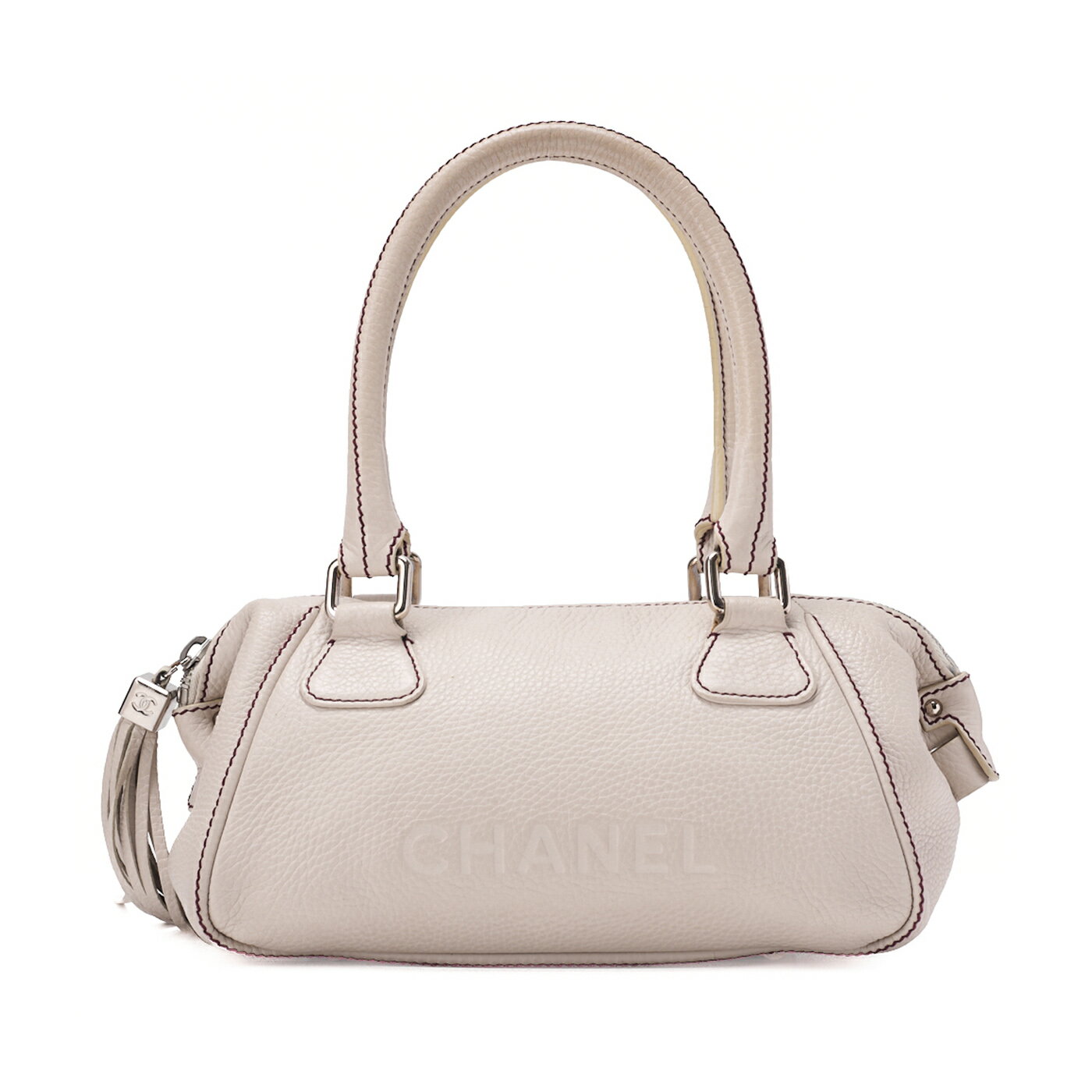 CHANEL 　シャネル 　トートバッグ　ロゴマーク　フリンジ 　レザー　白　 シルバー金具　ブランド【中..