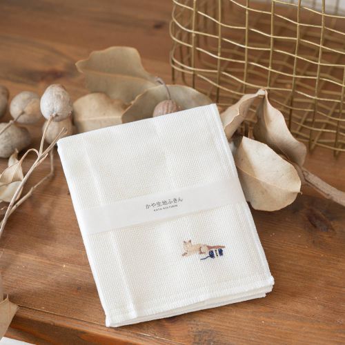 かや生地ふきん 刺繍 ネコと毛糸 日本製 奈良県 和食器