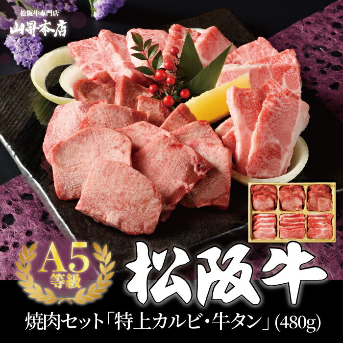 父の日 松阪牛 焼肉セット 特上カルビ 牛タン 480g（2人前～3人前）ギフト 贈り物 人気 高級 A5等級 紙箱 焼肉 焼き肉 牛肉 人気メニュー 和牛 ギフト箱 山昇本店 内祝 御祝 お誕生日 出産 母の日 お中元 敬老の日 お歳暮 のし対応可