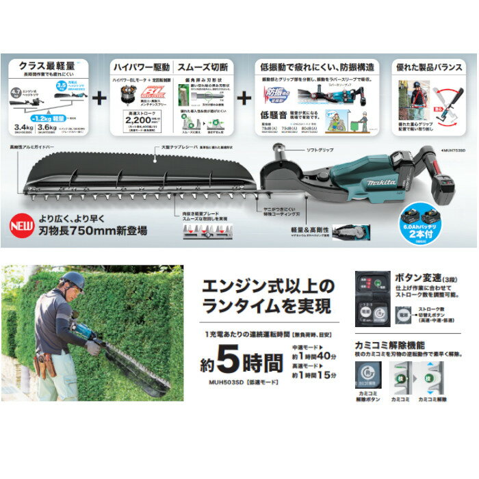 【今すぐ使えるクーポン付】マキタ(makita) MUH603SDGX 充電式ヘッジトリマ 18V 600mm 片刃式 特殊コーティング刃 バッテリ(BL1860B)×2 充電器(DC18RF)付 3