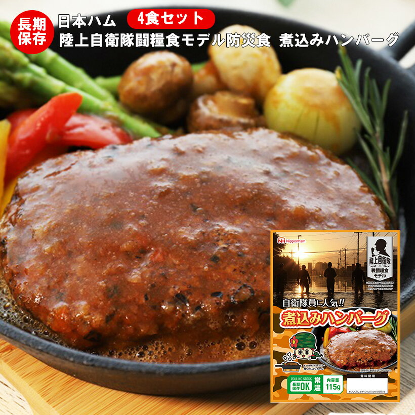 （送料無料）非常食 防災食 備蓄 日本ハム レトルトパウチ 陸上自衛隊戦闘糧食モデル 煮込みハンバーグ 4食セット 賞味期限5年