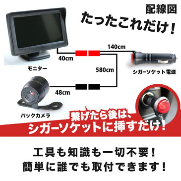 【簡単ポン付け】HE33S ラパン L/G [H27.6〜]バックカメラ & バックモニター セット【シガーソケット電源だけで取付可能】両面テープ 吸盤 付 防水カメラ 4.3インチ オンダッシュモニター パーツスズキ