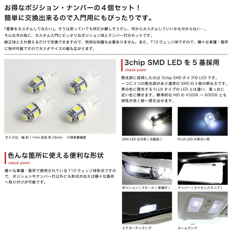 【お試し価格】GRS210系 クラウンアスリート [H24.12〜]LED ポジション ナンバー 4点セットT10 ウェッジ球 3chip SMD LED スモール ランプ 車幅灯 ライセンス トヨタ 入門 エントリーモデル 【10P19Dec15】