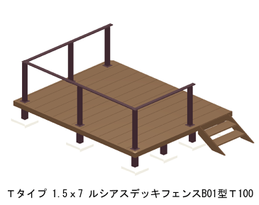 ウッドデッキ 人工木 樹脂 リウッドデッキ200 Tタイプ 1.5間7尺（2651×2120mm） 基本 3点セット （ デッキ + ルシアスフェンスB01型 T100 + ステップ） （YKK AP）