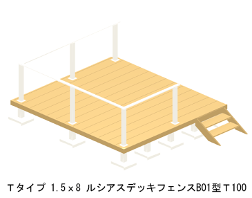 ウッドデッキ 人工木 樹脂 リウッドデッキ200 Tタイプ 1.5間8尺（2651×2420mm） 基本 3点セット （ デッキ + ルシアスフェンスB01型 T100 + ステップ） （YKK AP）