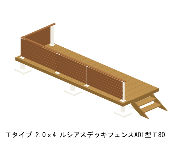 ウッドデッキ 人工木 樹脂 リウッドデッキ200 Tタイプ 2.0間4尺（3651×1220mm） 基本 3点セット （ デッキ + ルシアスフェンスA01型 T80 + ステップ） （YKK AP）
