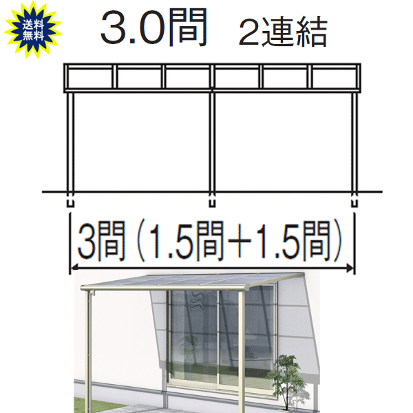 テラス屋根　レボリューA TF1NA　フラット型　3.0間9尺 2連結 標準納まり　ポリカ　三協　関東・長野〜中国地方限定品