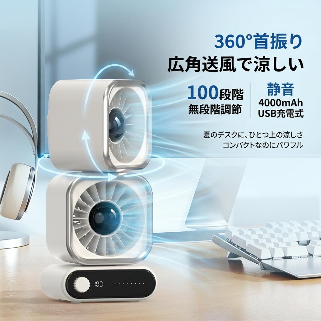 ュレーター オフィス 寝室 アウトドア 花見 プレゼント ポイント消化 ギフト 人気 おすすめ 新生活 母の日 父の日 誕生日猛暑対応 高効率 省エネ 節電扇風機 USB 卓上扇風機 usbファン ミニファン ミニ扇風機 卓上 花見 アウトドア キャンペーン オフィス 寝室 暑さ対策 サーキュレーター プレゼント注意事項 ・ラッピング対応は行っておりません。・予告なく仕様変更になる場合がございます。・写真はイメージです。実際の商品と若干異なる場合がございます。・基本は全国一律送料無料と対応させていただきますが、沖縄・北海道・離島地域へお届けの場合は別途送料をご請求させていただきます。・商品のサイズは採寸方法によって、若干な誤差が生じる場合はあります。ご了承ください。品質保証 ・出品商品は全て新品未使用です。・安心の初期不良対応 ：万が一商品に不具合があった場合は、商品到着後7日以内にご連絡ください。・不具合の状況確認のため、写真や動画のご提供をお願いする場合がございます。確認後、速やかに「新品交換」または「ご返金」にて対応させていただきます。・お客様に安心してご購入いただけるよう、誠心誠意サポートいたします。「悪い評価」を付ける前に、まずはお気軽にご相談ください。検索関連ワード 360首振り, 100段階無段階調節, USB扇風機, 卓上扇風機, ミニファン, 小型扇風機, ミニ扇風機, 充電式, 4000mAh, USB充電, 静音, サーキュレーター, サーキュレーター扇風機, 卓上サーキュレーター, 風量調節, 無段階調節, オフィス扇風機, リビング扇風機, 寝室用, 寝室扇風機, 車内使用, アウトドア, キャンプ, 花見, 暑さ対策, エアコン効率サポート, 乾燥対策, 熱中症対策, 省スペース, コンパクト, 携帯用, 持ち運び, 便利グッズ, 夏家電, 夏の必需品, おしゃれ, かわいい, シンプル, 高見え, トレンド, 新生活, プレゼント, ギフト, 母の日, 父の日, 誕生日, ポイント消化, 楽天スーパーSALE, お買い物マラソン, 送料無料, 人気, おすすめ, 定番, 話題の注意事項：モニターの発色により、実物と異なる場合がございます。5