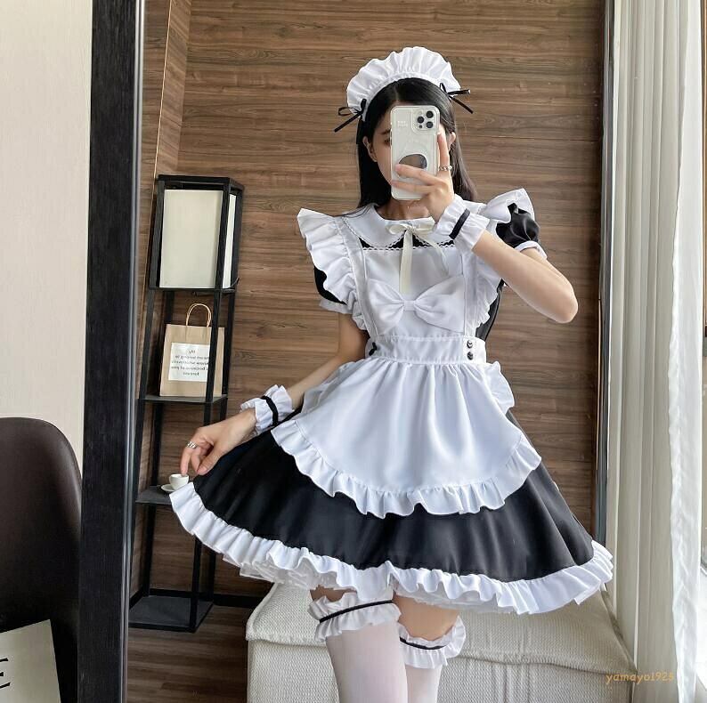 大人用コスチューム 半袖メイド服 可愛いメイド服 メイドコスプレ リボン ハロウィン衣装 ワンピース+エプロン+カチューシャ+手首飾り ウェイトレスコスプレ メイド喫茶 舞台衣装 イベント 学園祭 キャラクター 仮装 変装 女装