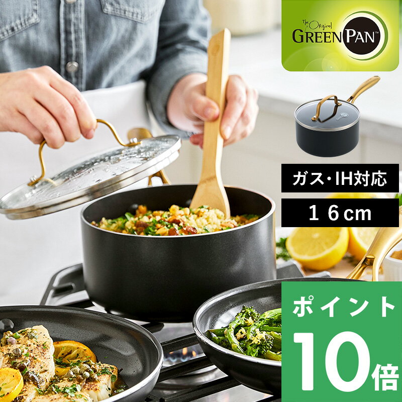 特典付き！ GREENPAN 【 ストゥディオ ソースパン 16cm 蓋付き 】 グリーンパン 片手鍋 ソースパン 16cm 安全 安心 焦げ付かない 焦げ付き防止 IH IH対応 ガス 両用 体 PFOAフリー キッチン キッチンツール 調理器具 黒 ゴールド シンプル おしゃれ