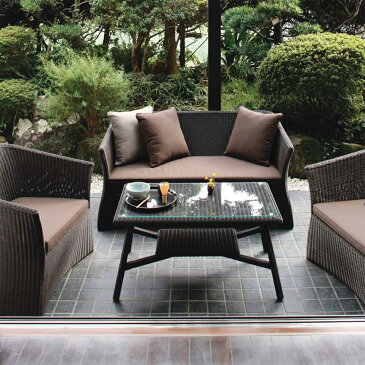 タカショー ガーデンテーブル4点セット 「庭座 カフェテーブル900セット ソファ」 ≪テーブル1台+ソファ3脚≫ 高級人工ラタンファニチャー ロムガーデンシリーズ