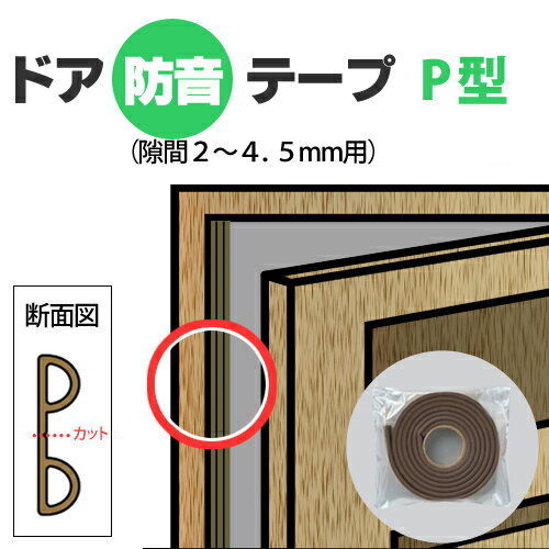 ドア隙間防音テープ　P型　[隙間 2～4.5mm用] 1本入り（裂くと2本）　＜厚さ5.5mm×幅9mm×長さ2M＞　隙..