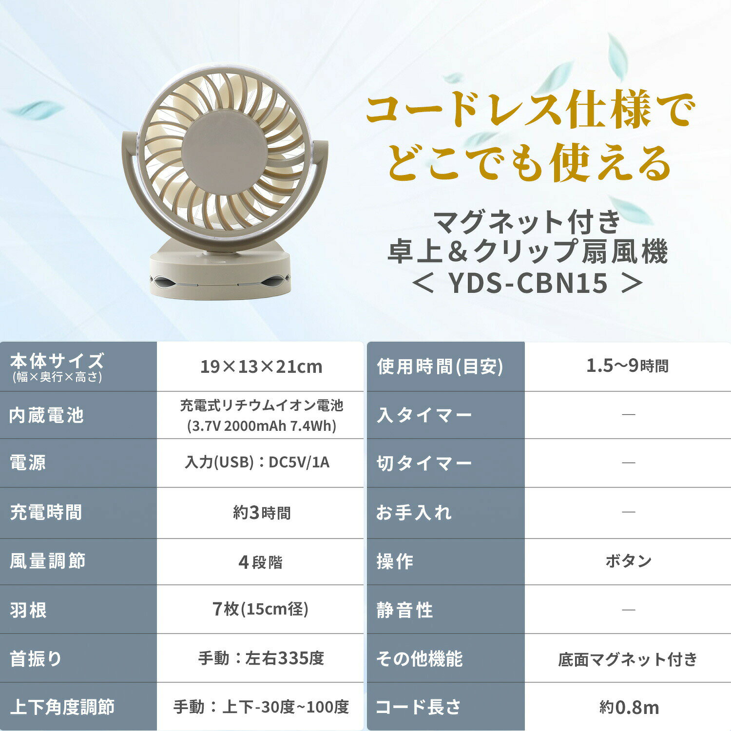 扇風機 クリップ扇風機 卓上＆クリップ扇風機 マグネット 充電式 USB扇風機 卓上扇風機 風量4段階 コードレスファン YDS-CBN15(C) デスクファン ミニ扇風機 クリップファン 山善 YAMAZEN 【送料無料】 画像2