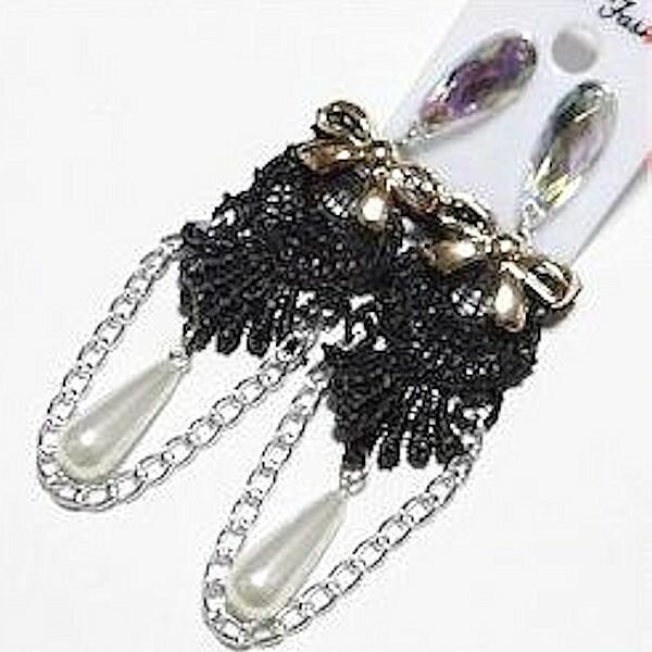 【メール便可】キャッチピアス　ブラック　70 レース仕立て　刺繍